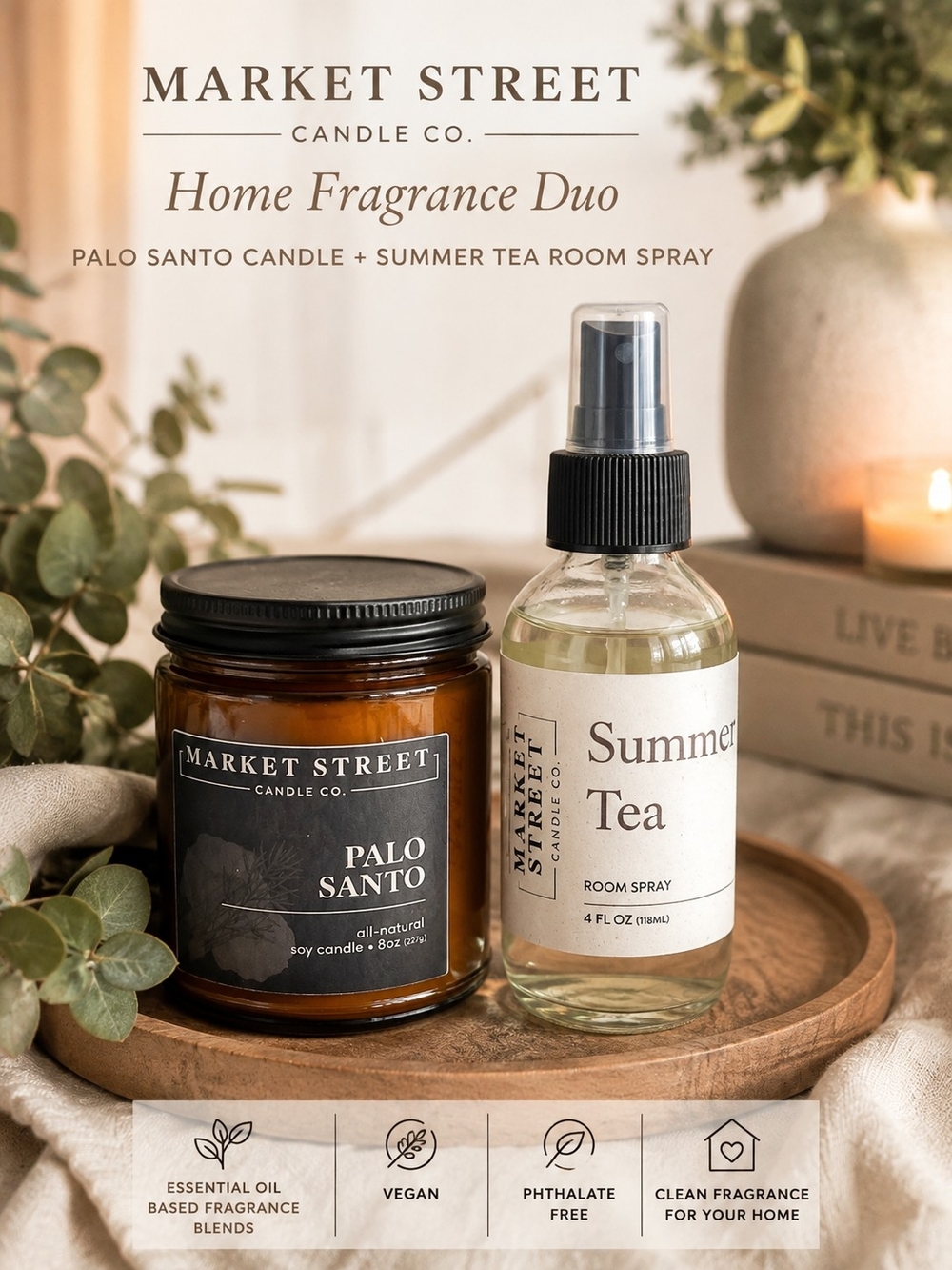 Market Street Candle Co Palo Santo Candle + Summer Tea Room Spray Set